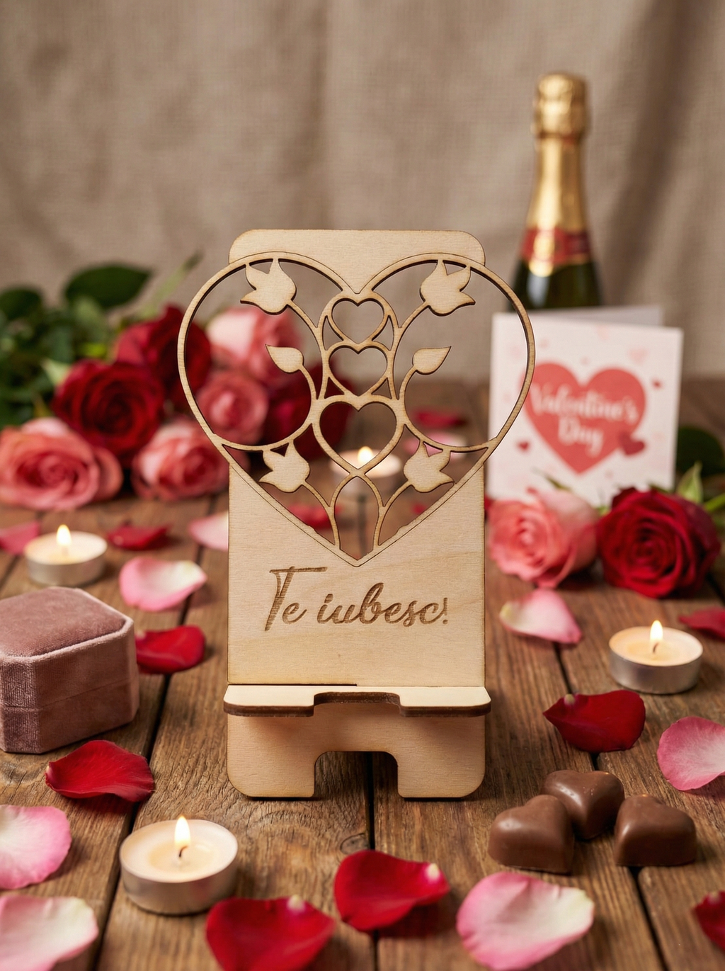 Suport Telefon Lemn Personalizat  – Ediție de Valentine's Day