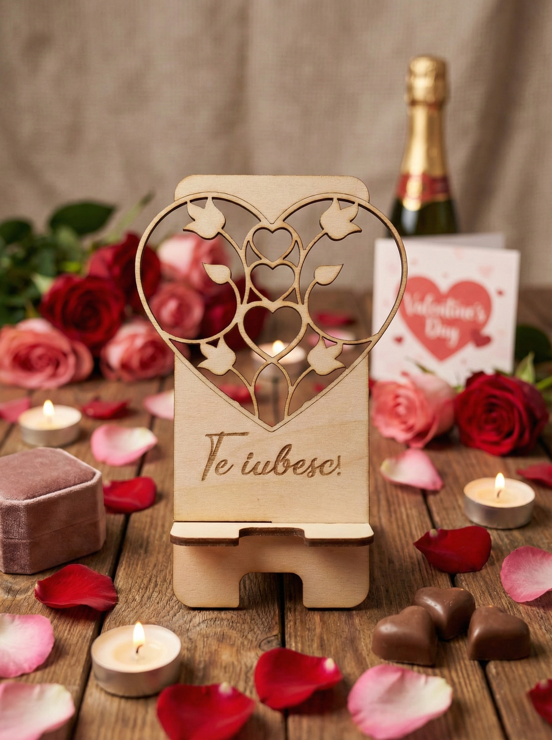 Suport Telefon Lemn Personalizat  – Ediție de Valentine's Day