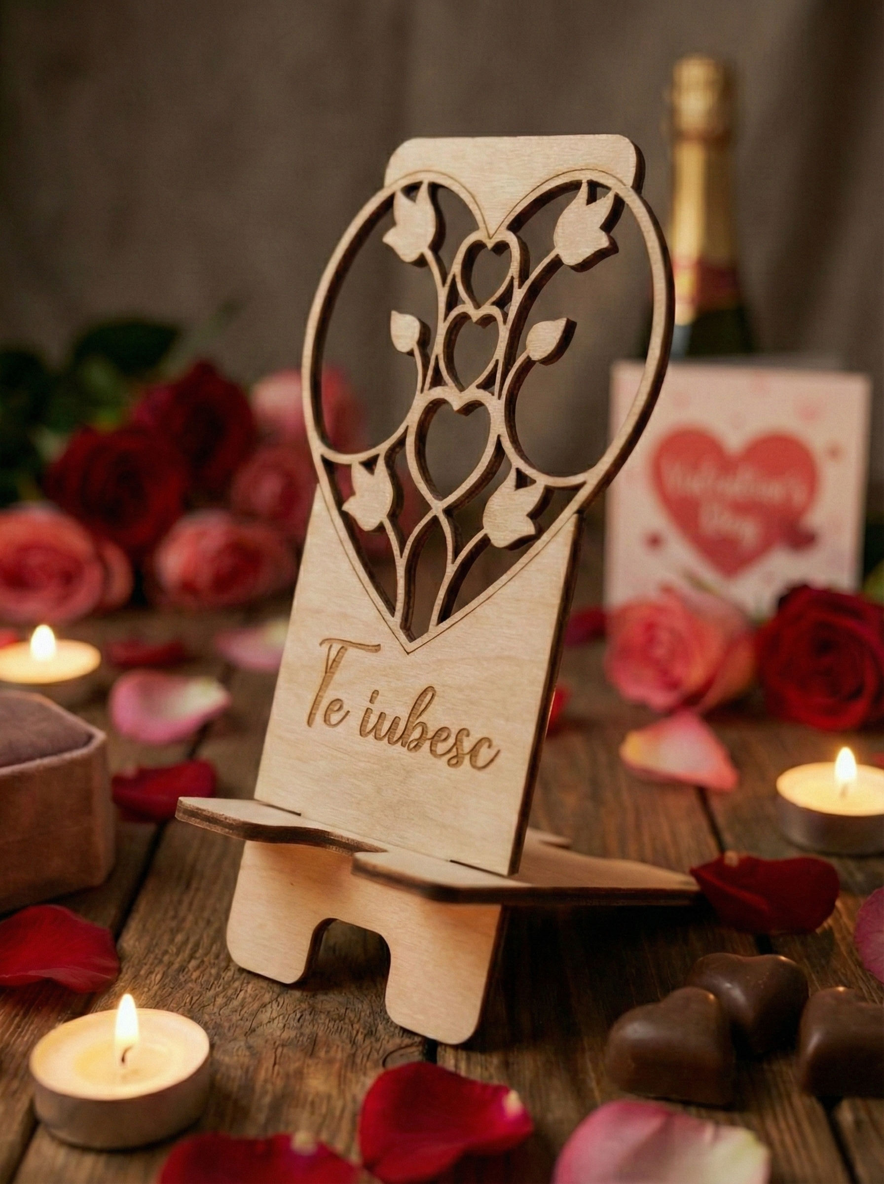 Suport Telefon Lemn Personalizat  – Ediție de Valentine's Day