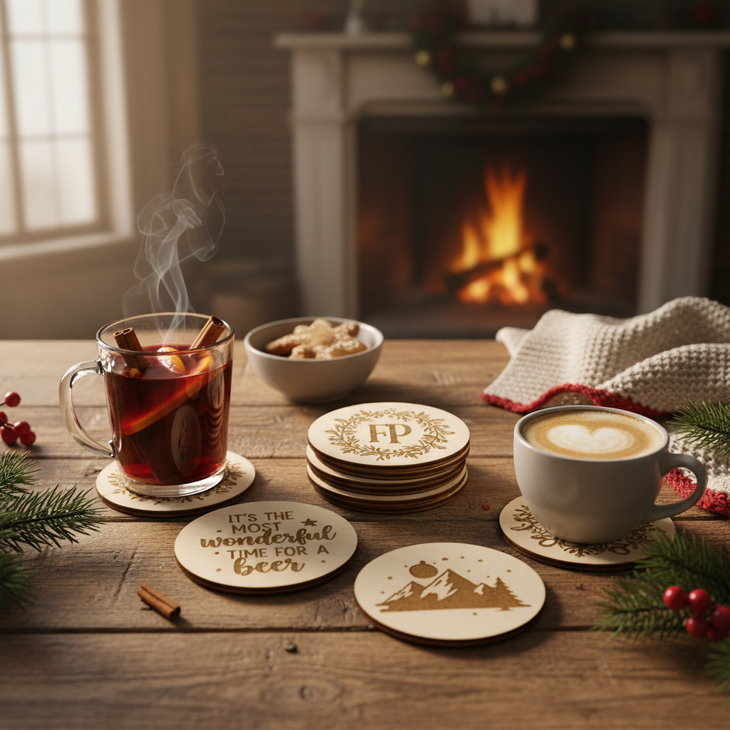 Set Suporturi de Pahare din Lemn Personalizate (4-6 buc.) - Cadou Sărbători / Casă Nouă