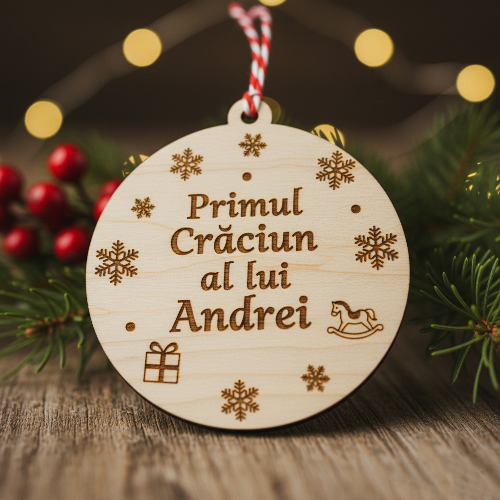 Ornament Brad Personalizat din Lemn - Cadou Unic de Crăciun