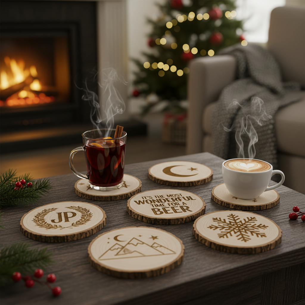 Set Suporturi de Pahare din Lemn Personalizate (4-6 buc.) - Cadou Sărbători / Casă Nouă