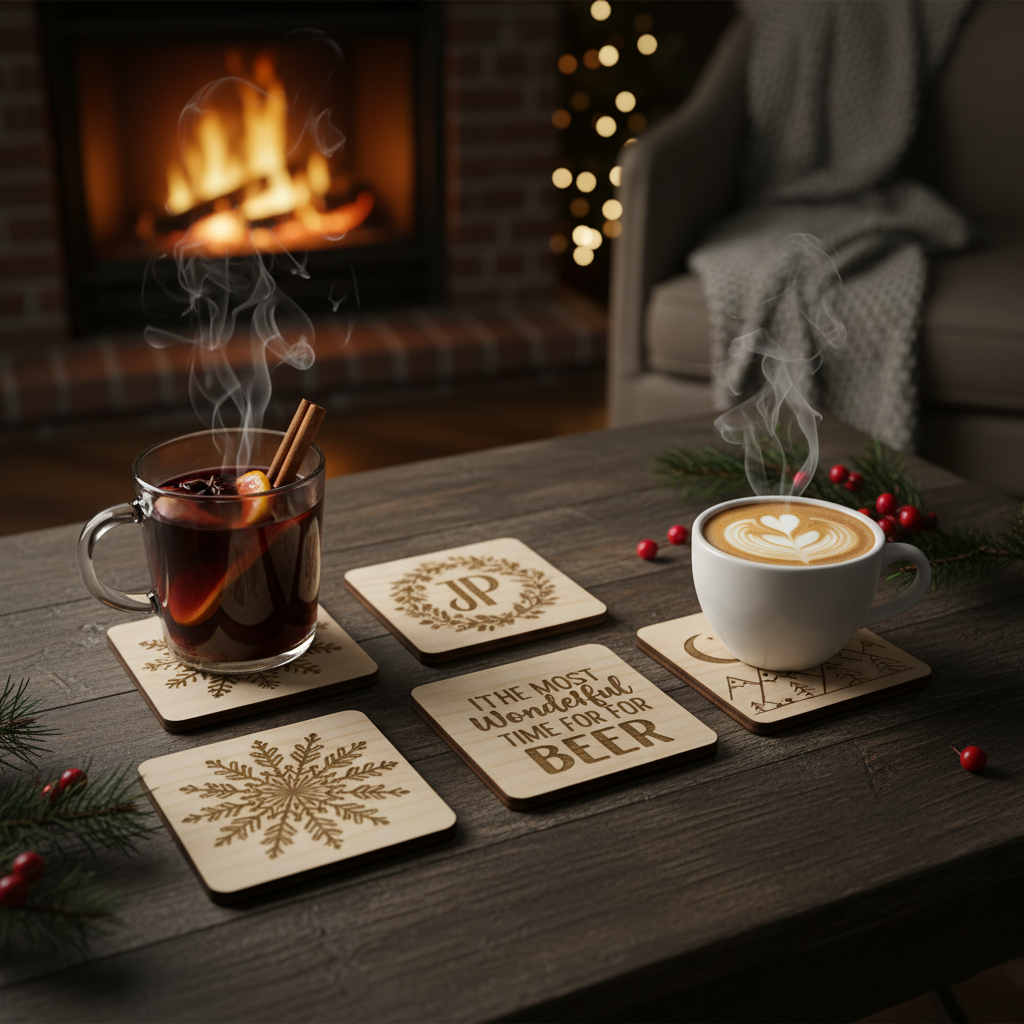 Set Suporturi de Pahare din Lemn Personalizate (4-6 buc.) - Cadou Sărbători / Casă Nouă